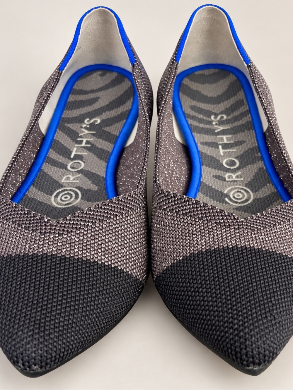 Rothy's Women's Pointed Knit Flats - Black and Gray with Blue Trim